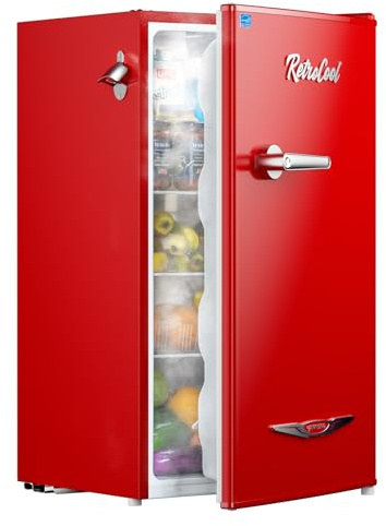 Upstreman 3.2 Cu.Ft Retro Mini Fridge with Bottle Opener, Energy Saving, Adjustable Thermostat, Metal Handle, LED Lamp, Mini Refrigerator for Bedroom, Office, Dorm-BR321 PRO (Red)