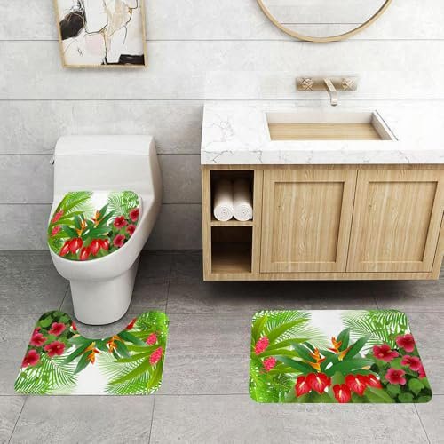 EMCLKS Badezimmermatten 3 Stück rutschfeste Badematte Teppiche, Badezimmer-Garnitur,U-förmiger Teppich,Blatt, Tropischer Exotischer Wald Hibiskus Roter Ingwer und Anthurium Blüten, Wei,Waschbar Matte