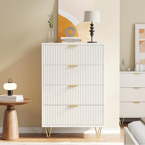 WOBOPCG Kommode mit 4 Schubladen, Schlafzimmerkommode, Holz, Schubladenschrank, Aufbewahrungsschrank mit Schubladen, für Schlafzimmer, Wohnzimmer, Flur (Weiß, 4 Schubladen)