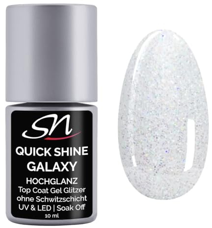 SN Nageldesign Quick Shine Galaxy Top Coat Gel UV Glitzer Silber Irisierend LED Gellack Überlack UV Nagellack Gel Polish Finish ohne Schwitzschicht Gelnägel Acrylnägel 10 ml