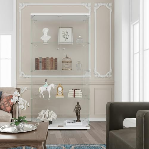 RXMORI Glasvitrine Standvitrine, 4 Lagen Glas Vitrine Sammlervitrine Vitrinenschrank, 2 Tür mit Schloss Glasvitrine Stehend Für Wohnzimmer Schlafzimmer Büro (Weiß)