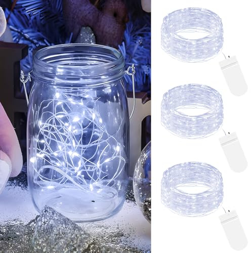 btfarm Lot de 3 Guirlande Lumineuse à Pile, 2m 20 LED Guirlande Lumineuse Étanches Fil d'argent Guirlande Intérieure pour Bricolage Fête de Mariage Noël Terrasse Chambre, Blanc Froid