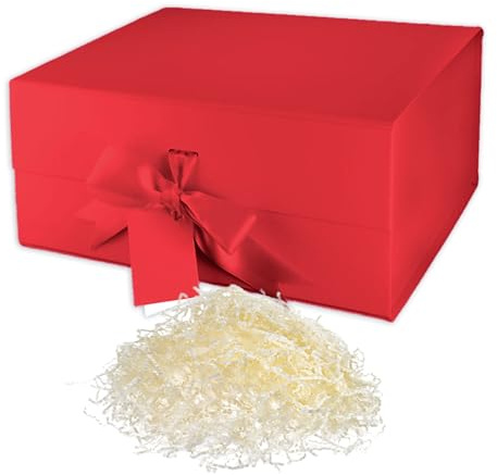 SM SANMARIE Scatola Regalo con Coperchio Magnetico, Scatole Regalo di Alta Qualità, Carta 1200 gr, Set Pacco Regalo con Raffia, Nastro e Bigliettino, Design Bicolore Rosso e Bianco
