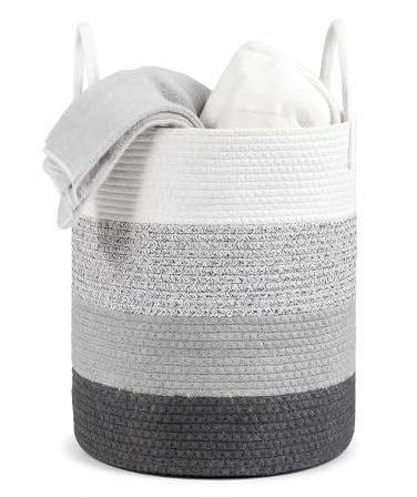 Panier à Linge Tressé en Coton, Corbeille à Linge de Corde, panier à linge en Corde de Coton avec Poignées, Panier de Rangement linge Sale pour Jouet, Buanderie, Chambre d'Enfant, Salon