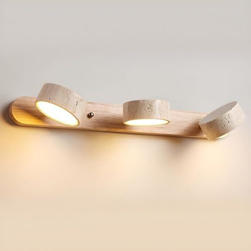 Yuelux Wandleuchte aus Naturstein (Travertin gelb) – Moderne LED Badezimmerleuchte mit drehbarem Schirm, Vanity Light über Spiegel, Dimmbar, für Flur & Make-up Bereich (Naturholz, Ø51cm, Dreifarbig)