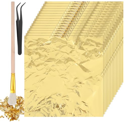 Xelsluthe 150 Blatt Goldfolie zum Basteln, Blattgold zum Basteln Blattmetall mit Pinzette & Pinsel für Kunstprojekt Handwerk Dekoration 13.5 x 13 cm