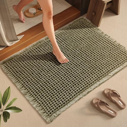 Waffle Bath Mat Non Slip Anti Mould, 50*80 cm Super Absorbent Bathroom Mat, Quick Dry Bathroom Rug Machine Washable Rubber Backed Bath Rugs for Living Room Bathroom Doormat (Green, 50*80 cm)