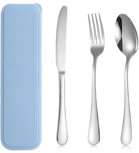 KIRZAX 3PCS Cubiertos Camping de Acero Inoxidable, con Estuche Escolares,Juego de Cubiertos para Camping,Porta Cubiertos para Llevar al Trabajo Portátiles,para Exteriores Viajes Camping (Azul)