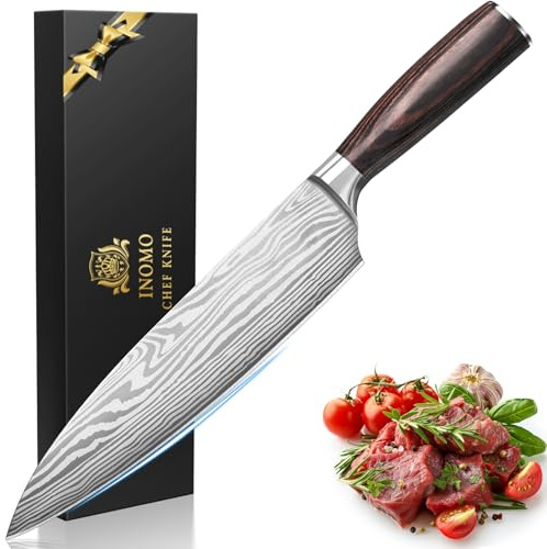 INOMO Küchenmesser, Japanisches Messer Klingenlänge 15 cm Profi, Kochmesser Profi Messer, Küchenmesser Scharf Hochwertigem Carbon Edelstahl, Fleischmesser Scharf zum Allzweckmesser