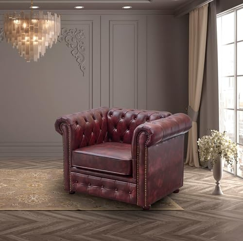 UK Leisure World chesterfield ox red blood red two seater sofa 3 2 1 faux leather set suites settee twin armchair brown (Single sofa)