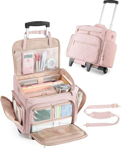 Marscamd Rolling Teacher Bag with 15.6 Laptop Compartment, Wheeled Work Briefcase Tote with Detachable Trolley for Women, Pink