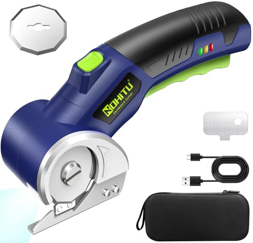 Electric Box Cutter: 4V Rechargeable Rotary Cardboard Cutter, 3000mAh Battery, with LED Light & Safety Lock, 2 Blades, Cordless Electric Scissors for Fabric Carpet Carton Plastic Leather Cloth (Blue)
