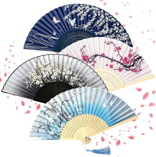Rayakt 4Pcs Fabric Hand Fans Set, Silk Folding Hand Fan with Tassel, Chinese Fan, Hollow Carved Bamboo Handheld Fan for Women Dancing Performance Wedding Gifts Home Decoration