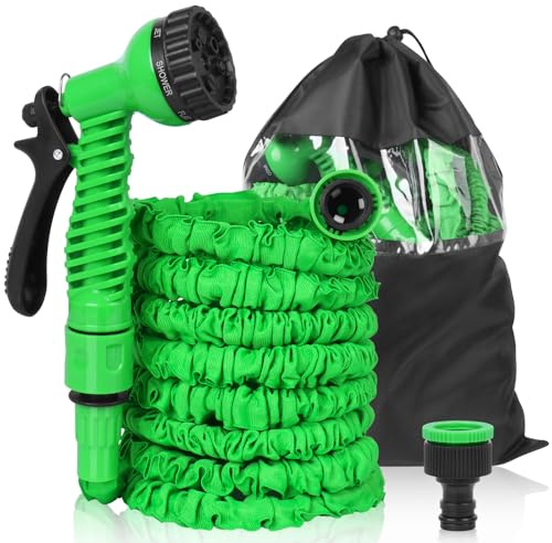 Expandable Garden Hose 50ft/15m with 7-Function Spray Gun – Magic Hose Pipe, Anti-Leak Latex Core, Retractable Hosepipe for Garden Watering with 3/4 & 1/2 Fittings, Includes Storage Bag – Green