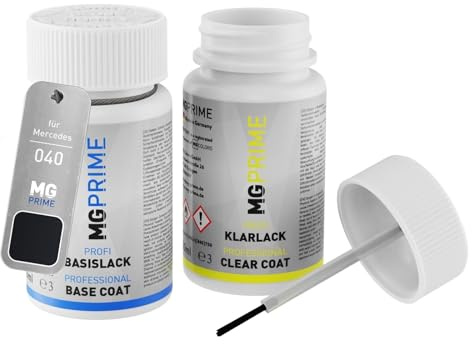 MG PRIME Autolack Lackstift für Mercedes 040/9040 Schwarz/Black +1K | Set aus Basislack + Klarlack, Lackfläschchen mit Pinsel, je 50ml