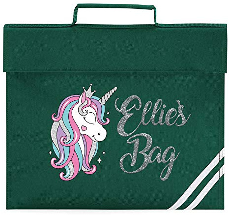 Purple Print House Girls Glitter Unicorn Bookbag - Personalised School Book Bag - Silver Glitter Unicorn Mermaid Pink 120, Bottle Green