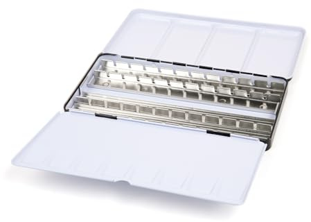 Jaxon Aquarell-Leerkasten aus robustem Metall, für 48 halbe oder 24 ganze Näpfe, mit ausklappbarer Palette und Daumenring