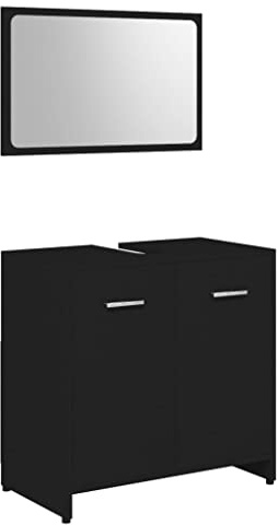 vidaXL Bathroom Furniture Set Bathroom Storage Unit Cabinet Wall Mirror Washroom Cupboard Laundry Room Rack Organiser Black Chipboard