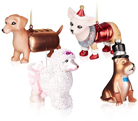 BRUBAKER 4-teiliges Baumkugel Set Lustige Hunde - Handbemalte Weihnachtskugeln Dackel Hot Dog, Hund mit Zylinder, Pudel und Chihuahua - Mundgeblasener Christbaumschmuck aus Glas - Baumschmuck Lustig