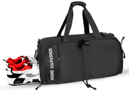 Krone Kalpasmos Kleine Sporttasche, 45L verstaubare Sporttasche für Herren, Turnbeutel für Herren mit Schuh- und Nassfach für Übernachtung, Reisen, leichte wasserdichte Reisetasche (schwarz)