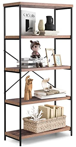 CASART 5-Tier Industrial Bookcase (Rustic Brown + Black, 79 x 35 x 159cm) | Freestanding Metal Frame Storage Rack Shelving Unit, Display Bookshelf Ladder Shelf Plant Stand for Office Study Living Room