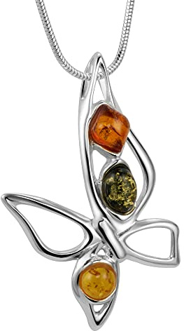 Collier Femme Avec Pendentif Papillon En Ambre Baltique Et Argent Sterling