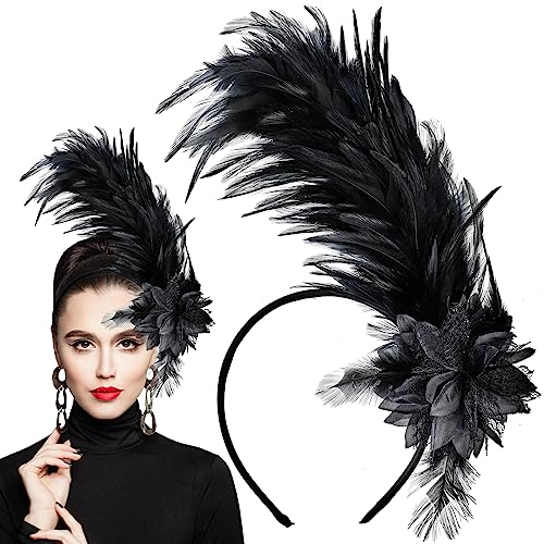 WLLHYF 1920er Jahre Stirnband Feder Haarreif Haarband, Hochzeit Kopfbedeckung, Fascinator Feather Headband, Headpiece for Cocktail Wedding Vintage Tea Party (Schwarz)