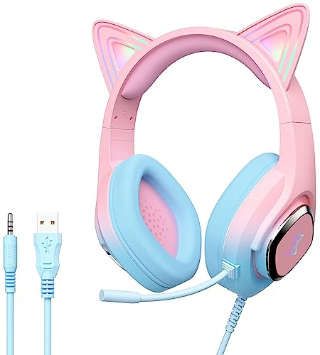 Mytrix Cat Ear Gaming Headset Compatible with PS4, PS5, Xbox, PC, MAC, Switch, Gradient Pink Blue Wired Gaming Headphones with 360° Rotation Microphone, Surround Sound, Soft Earmuff, RGB Light Effect