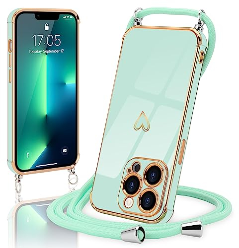 Micoden Handykette kompatibel mit iPhone 13 Pro Max hülle Ultra dünn Kameraschutz Herz Love Design Galvanik Silikon Bumper Kordel zum Umhängen Handyhülle mit Band Schutzhülle,Mintgrün
