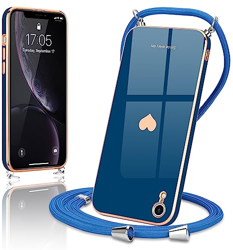 Wirvyuer Handyband Kompatibel mit iPhone Xr Handyhülle Necklace Hülle mit Band zum Umhängen Kameraschutz Liebesherz Schutzhülle mit Halsband Galvanik Silikon Umhängetasche für iPhone Xr Blau