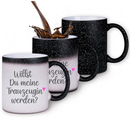 Farbwechsel-Tasse „Willst du meine Trauzeugin werden?“ – Zaubertasse mit Glitzer, Keramik 330 ml, Farbwechsel bei Hitze, Geschenkidee für Trauzeugin Anfrage Hochzeit