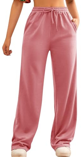 FACDIBY Joggingbyxor med breda ben för damer, elastiska, med hög midja och dragsko, lösa byxor med fickor, 05-rosa, XXL