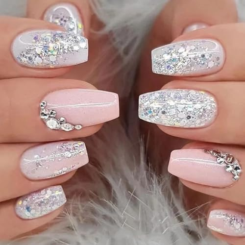 Ceboic 24 Stück Coffin Press on Nails Mittellang Rosa Weiß Nageltips Glänzend Kunstnägel zum Aufkleben French Ballerina Künstliche Nägel mit Strass Design Acryl Fingernägel Fake Nails für Frauen