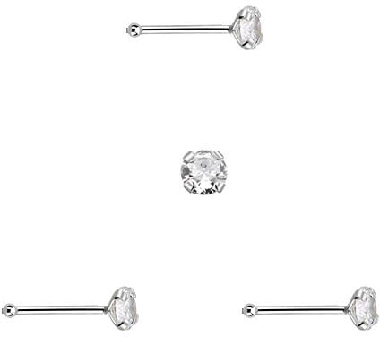 DENI 3 kurze Nasenstecker mit kleiner Silberkugel mit rundem Zirkoniastein, 2 mm