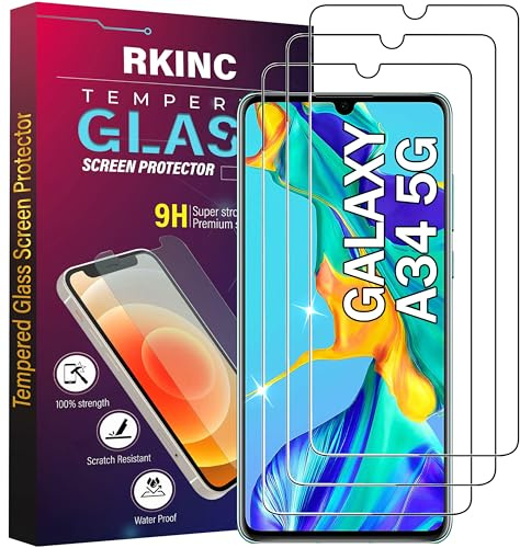 RKINC 3 Stück, Panzerglas Schutz Glas für Samsung Galaxy A34 5G, Panzer HD Displayschutzfolie, 0,33 mm kratzfest, splitterfrei, blasenfrei