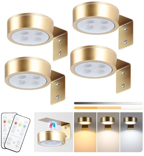 KELUOLY 4-Pack Picture Light Battery Operated Painting Lights for Wall, Magnetic LED Display Art Light with Remote, Dimmable and Timer Portrait Light for Art Frame Artworking, Wall Decor Puck Light