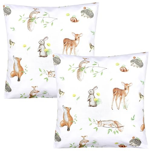 TupTam Kinder Kissenbezug Dekorativ Gemustert mit Hotelverschluss 2er Set, Farbe: Waldtiere/Igel/REH/Fuchs/Kaninchen/Beige, Größe: 40 x 60 cm