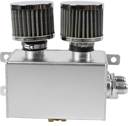 POSENG Universal Aluminum AN8 1.2L Twin Baffle Dual Filter Engine Oil Catch Can Tank With 2 Air Filters Oil Catch Reservoir Tank Can Breather Kit Silver