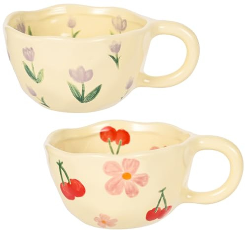 MAKCNMYM Tazza da caffè in ceramica vintage con fiori da 236,8 ml, graziosa tazza da caffè irregolare per cappuccino, cacao, adatta al microonde e alla lavastoviglie (ciliegia, tulipani viola)