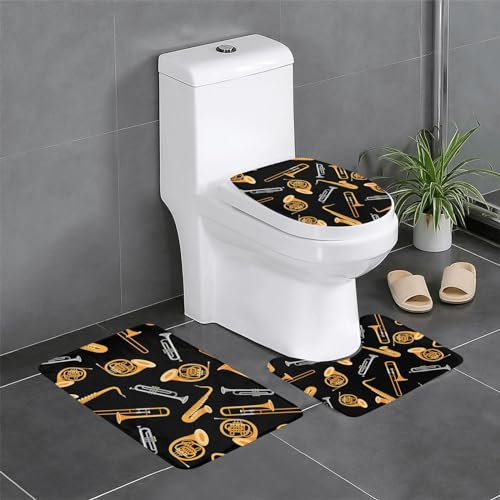 FUkker rutschfeste Badvorleger, 3-teiliges Set mit rutschfesten Badezimmerteppichen und U-förmiger Toilettenmatte,Saxophon Posaune Musik Schwarz