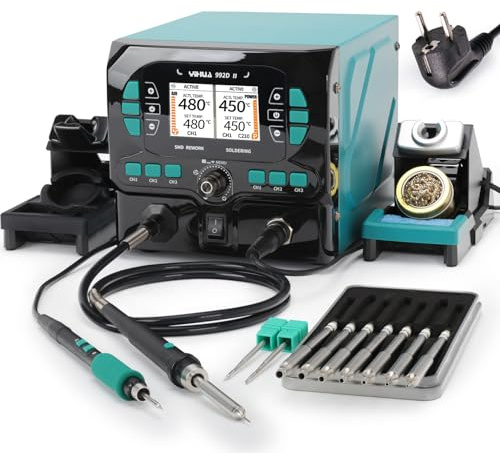 YIHUA 992D-II Kit de Station de Soudage de précision 2-EN-1 avec crayon à air chaud et fer a souder de précision C210,station de microsoudure avec affichage LCD dynamique,8 buses à air chaud(EU Plug)