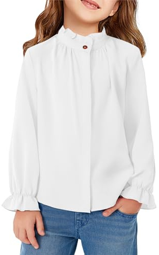Haloumoning Girls Ruffle Blouse Long Sleeve Shirts | Stand Up Collar,Button Down,Cute,School Uniform,Plain Tops ,Kids Clothes,Children