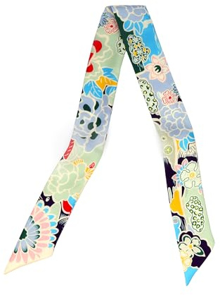 MEISEE Mulberry silk Scarf hair ribbons for hair handbag scarf Tie Bundle Scarf Neckerchief Head Scarf for women 2*35-Light green floral