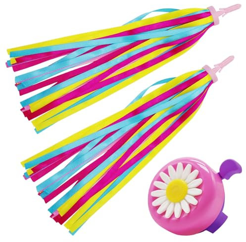 REBECASKYENS Set di 3 nappe per bici da bambina, suono nitido, suono chiaro, campanella per bicicletta con fiori, stelle filanti arcobaleno per bici per bambini, nastri e nappe per scooter per bambini