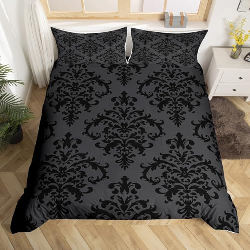 Homewish Schwarz Damast Bettbezug Set Goth 220x240 Bettwäsche Sets,Viktorianische Tröster Bezug Vintage Barock Blumen Gothic Bett Set Antike Floral Böhmische Dekor,Dimgrau