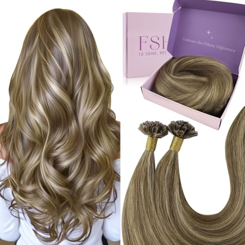Fshine Hot Fusion Bondings Extensión Del Cabello 1g Por Hebra Extensiones de Colores 50g Punta En U 40cm Extensiones De Queratina Rectas Cabello Humano Marrón Y Reflejos Rubios Seda