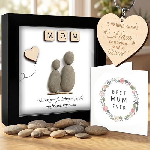 Mom Pebble Art Framed Rock Sign Thank You for Being My Rock Gifts for Mom Wall Art Frame Anniversary Birthday Mother's Day Grandma Nana Gifts from Daughter Son Grandkid S18 | Gifts for Mom Wall Art Frame Anniversary Birthday Mother's Day Grandma Nana Gifts from Daughter Son Grandkid S18