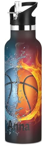 Botella de agua personalizada para niños con pajilla, 20 onzas, botella de agua personalizada de acero inoxidable para viajes o escuela, sin BPA, baloncesto de agua contra incendios