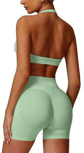 Odizli Damen Neckholder Sport BH + High Waist Shorts Zweiteiler Gym Workout Yoga Fitness Sportkleidung