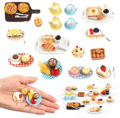 50 Stück Miniatur Essen und Trinken, 1:12 Puppenhaus Zubehör aus Harz | Lebensmittel Miniatur Deko für Mini Küche, Rollenspiel Spielzeug, Essen Party